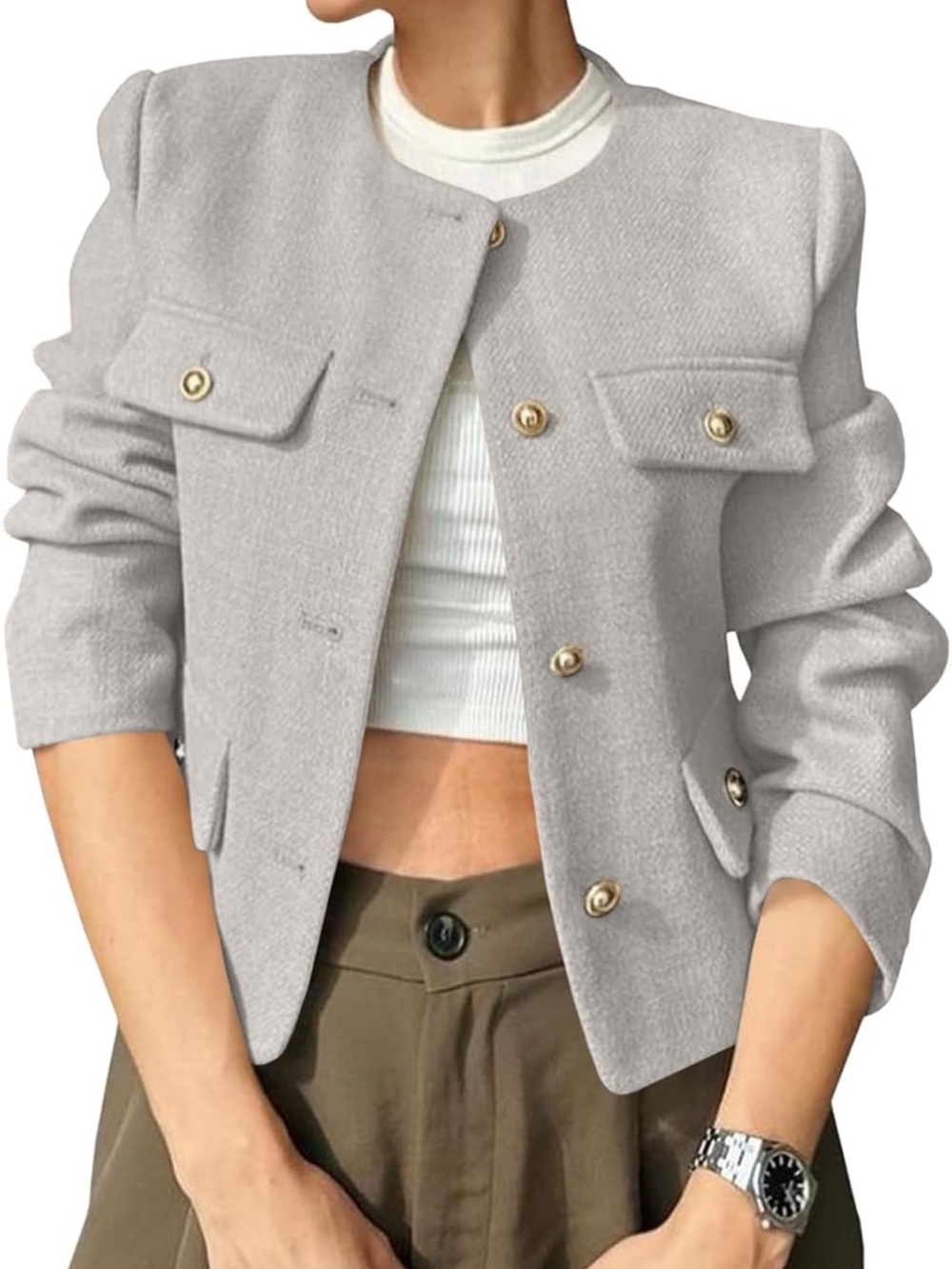 Cropped Light Gray Button-Front Women's Blazer